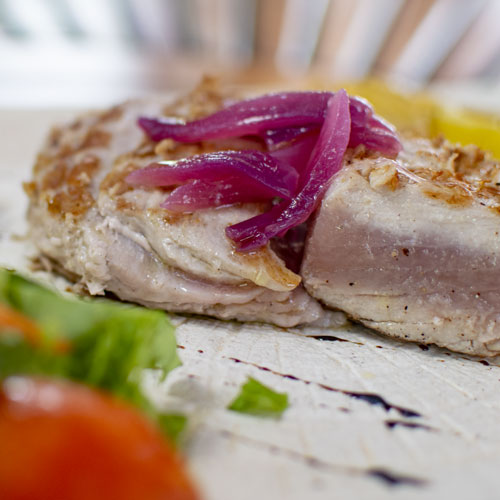 PalmBeach Tropical Restaurant | Tuna with Mango | grilled tuna steak with caramelized red onion and mango cream