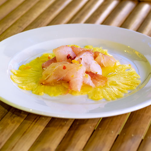 PalmBeach Tropical Restaurant | Marinated Sashimi and Pineapple | amberjack or grouper depending on availability, pineapple, extra virgin olive oil, pink pepper and spices